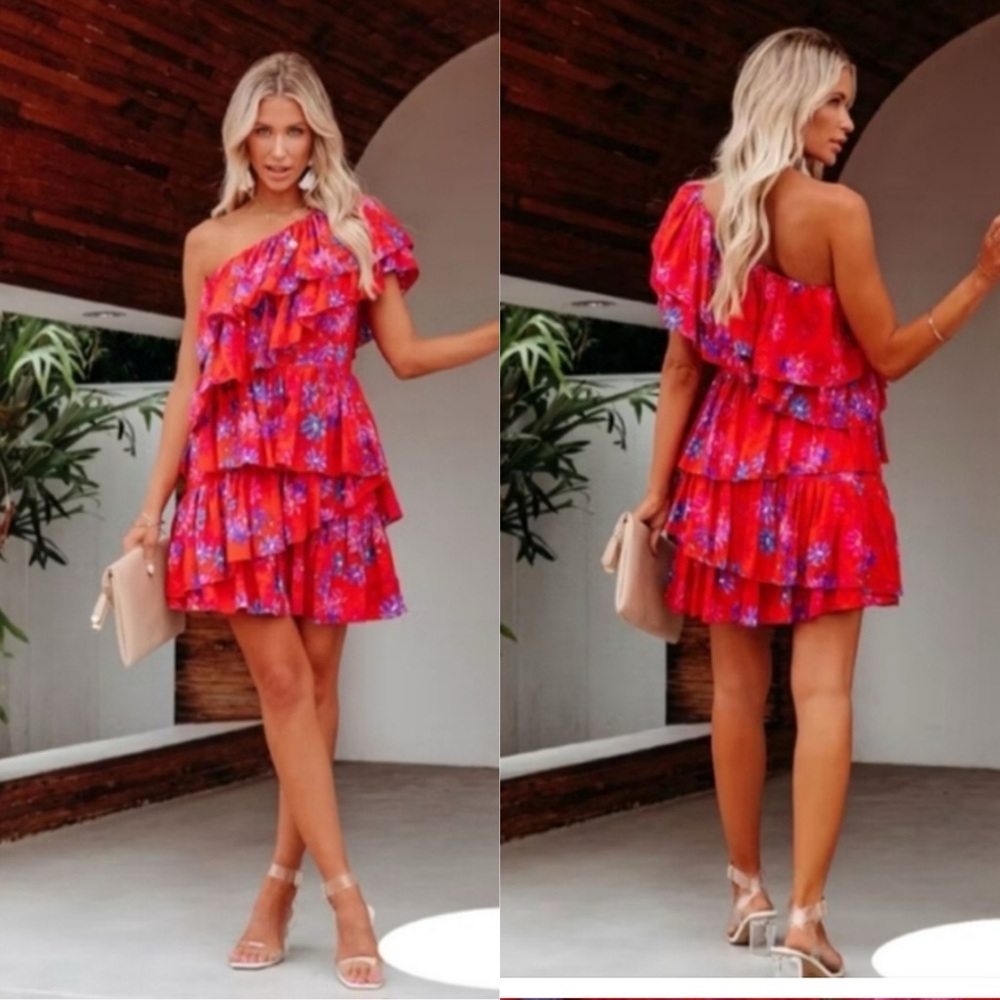 Endless Rose Red Floral One-Shoulder Tiered Mini Dress